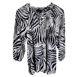 Investments Zebra Print Blouse‎ Top Womens S Long Sleeve Tie Neck Ruffle Collar